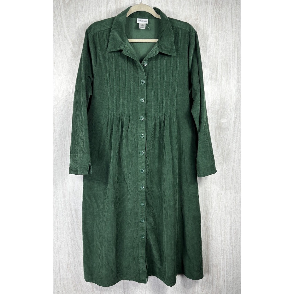 Vermont Country Store Corduroy Dress XLP Green Pintuck Midi Cottagecore